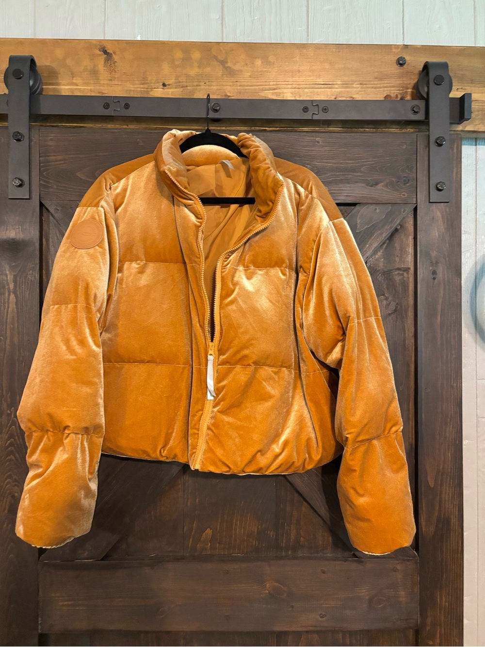 Fabletics Velvet Cropped Puffer Jacket in Camel